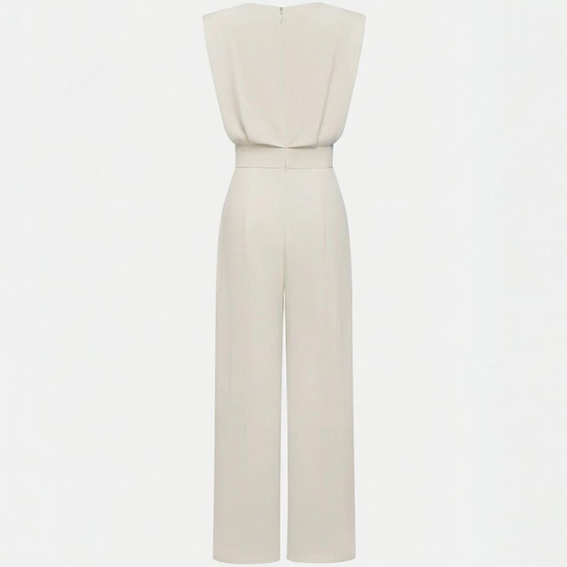 Women'S Solid Color round Neck Short Sleeve Wide-Leg Jumpsuit with Waist Design & Pockets Casual Romper for Spring&Summer