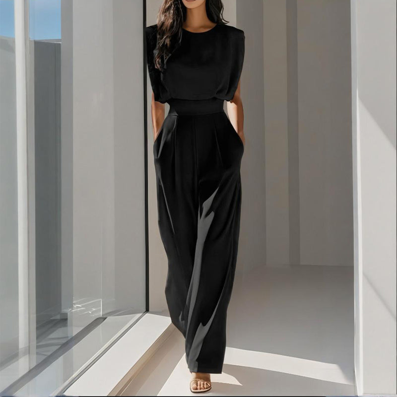 Women'S Solid Color round Neck Short Sleeve Wide-Leg Jumpsuit with Waist Design & Pockets Casual Romper for Spring&Summer