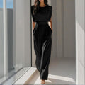 Women'S Solid Color round Neck Short Sleeve Wide-Leg Jumpsuit with Waist Design & Pockets Casual Romper for Spring&Summer
