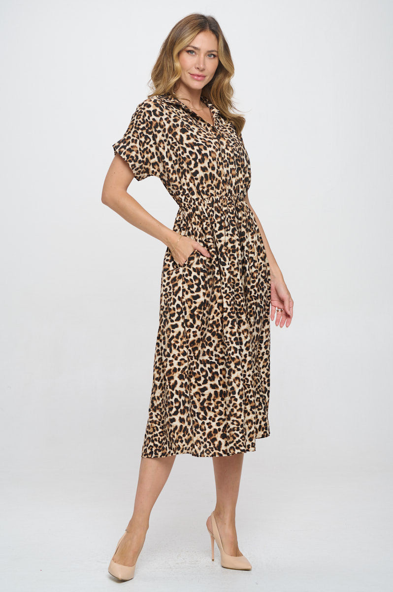 Animal Print Collared V neck Dress with Pockets
