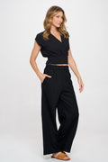 Solid Linen V neck Crop Top w Smock Back Detail