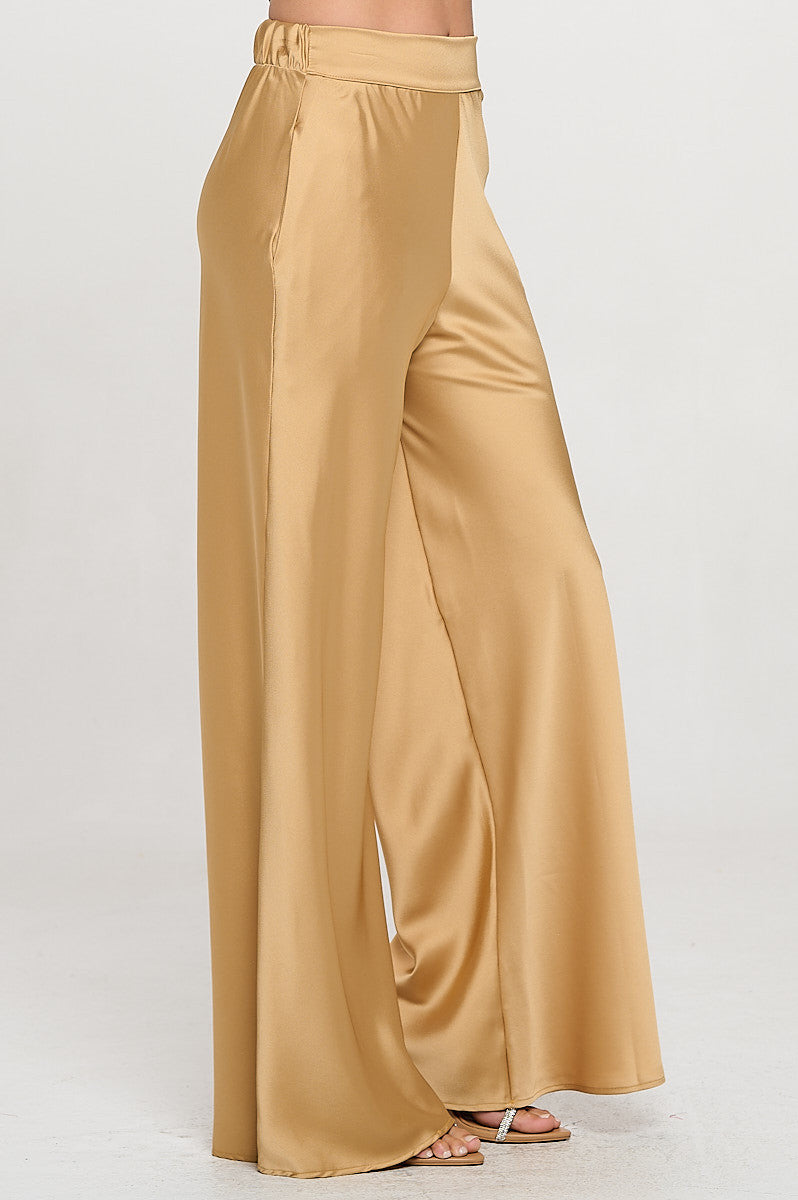 Stretch Satin Pants w/ Elastic Waist and Pockets