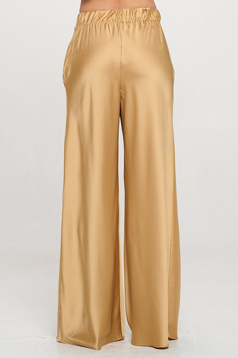 Stretch Satin Pants w/ Elastic Waist and Pockets
