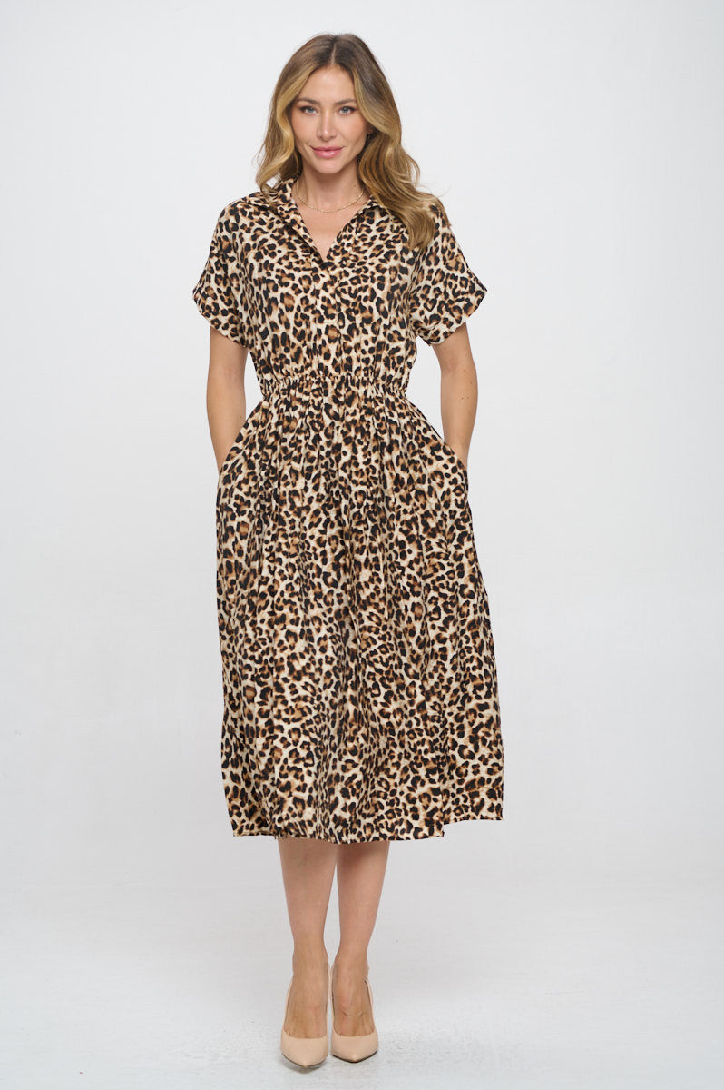 Animal Print Collared V neck Dress with Pockets