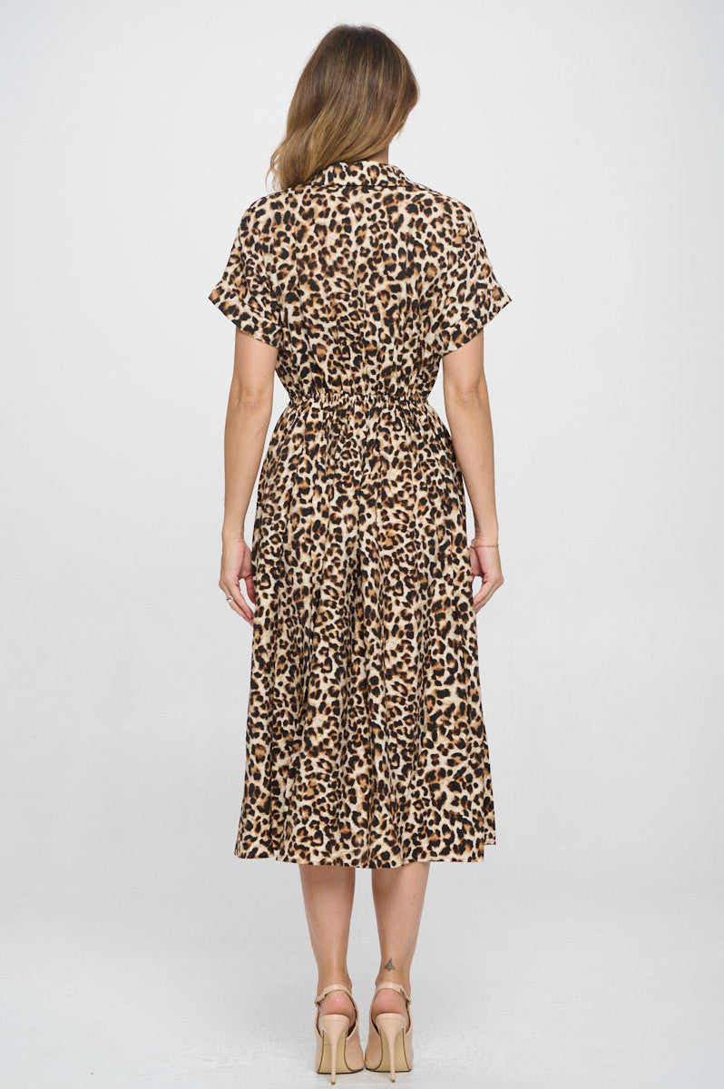 Animal Print Collared V neck Dress with Pockets