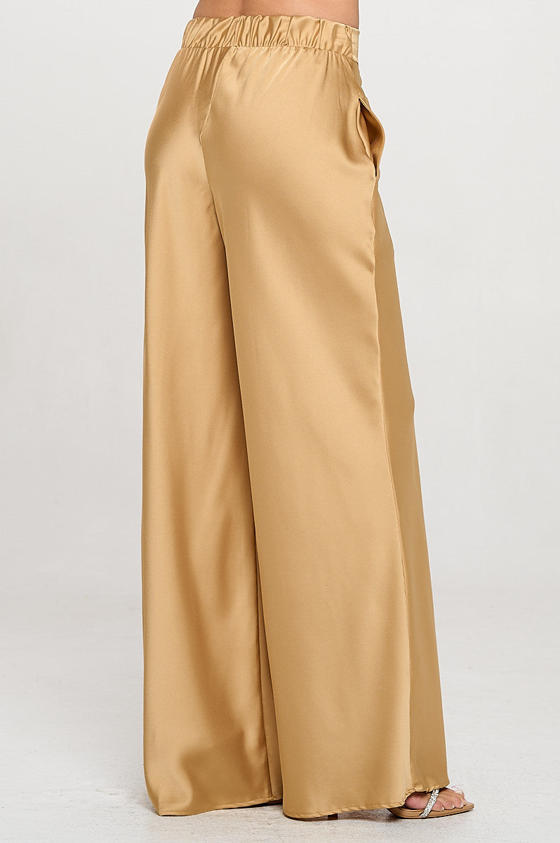 Stretch Satin Pants w/ Elastic Waist and Pockets