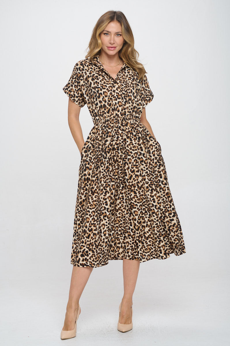 Animal Print Collared V neck Dress with Pockets