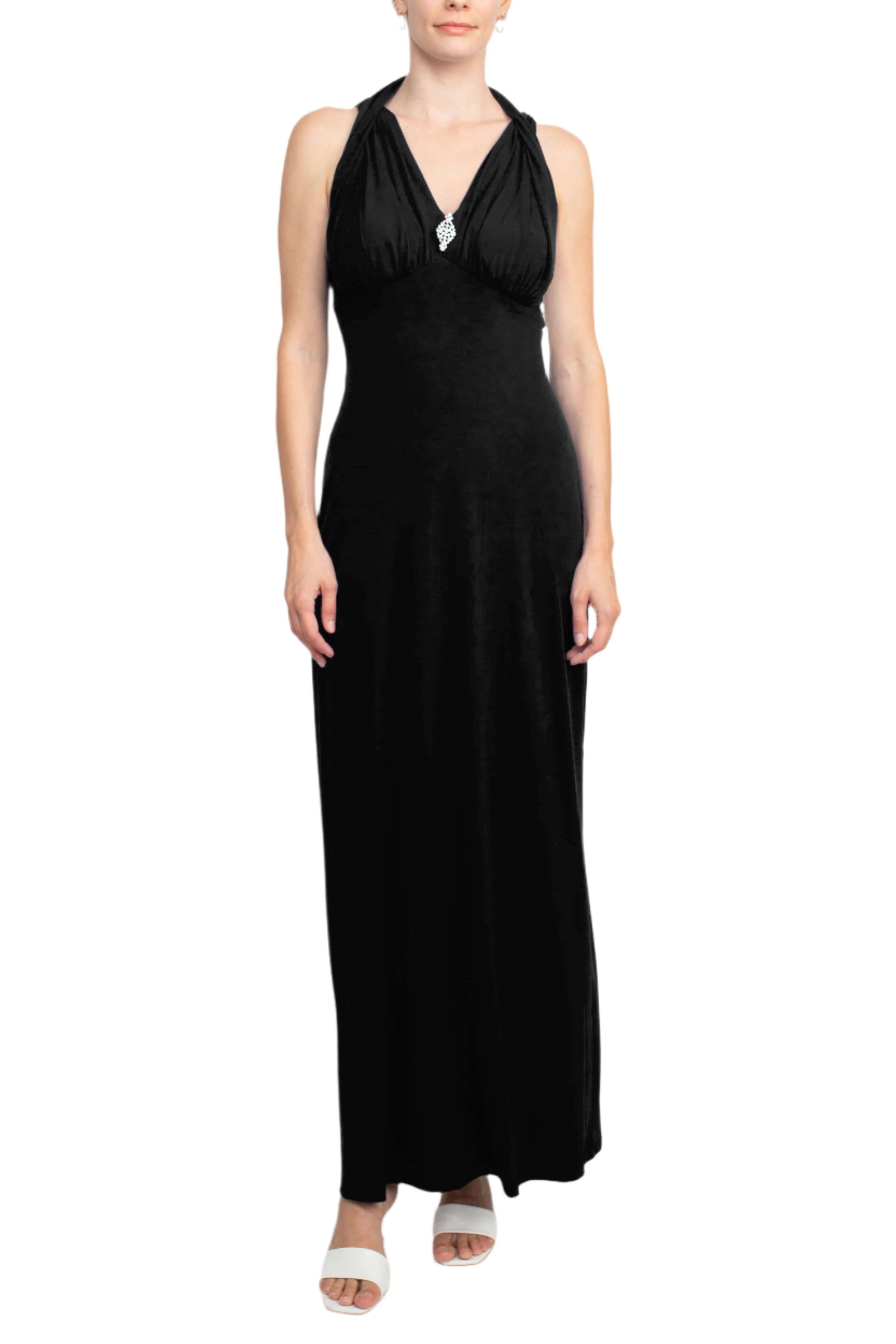Connected Apparel Crossed Neck Sleeveless Jewelry Front Detail Ruched Empire Waist Solid Jersey Dress