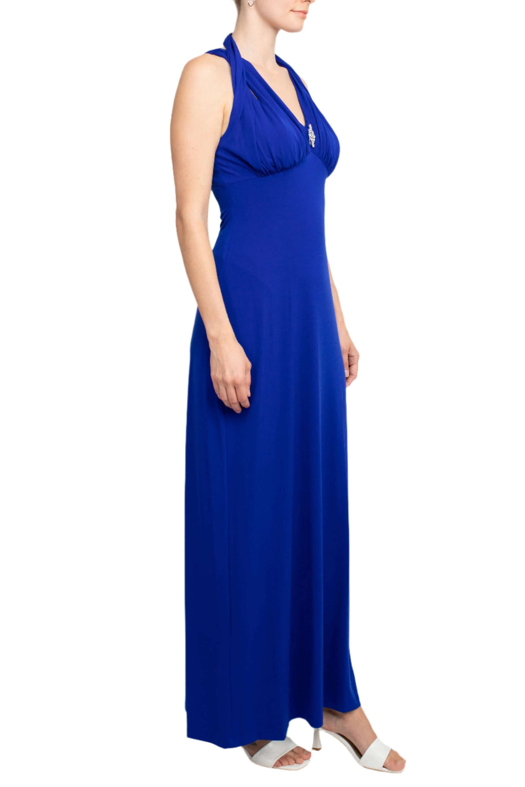 Connected Apparel Crossed Neck Sleeveless Jewelry Front Detail Ruched Empire Waist Solid Jersey Dress